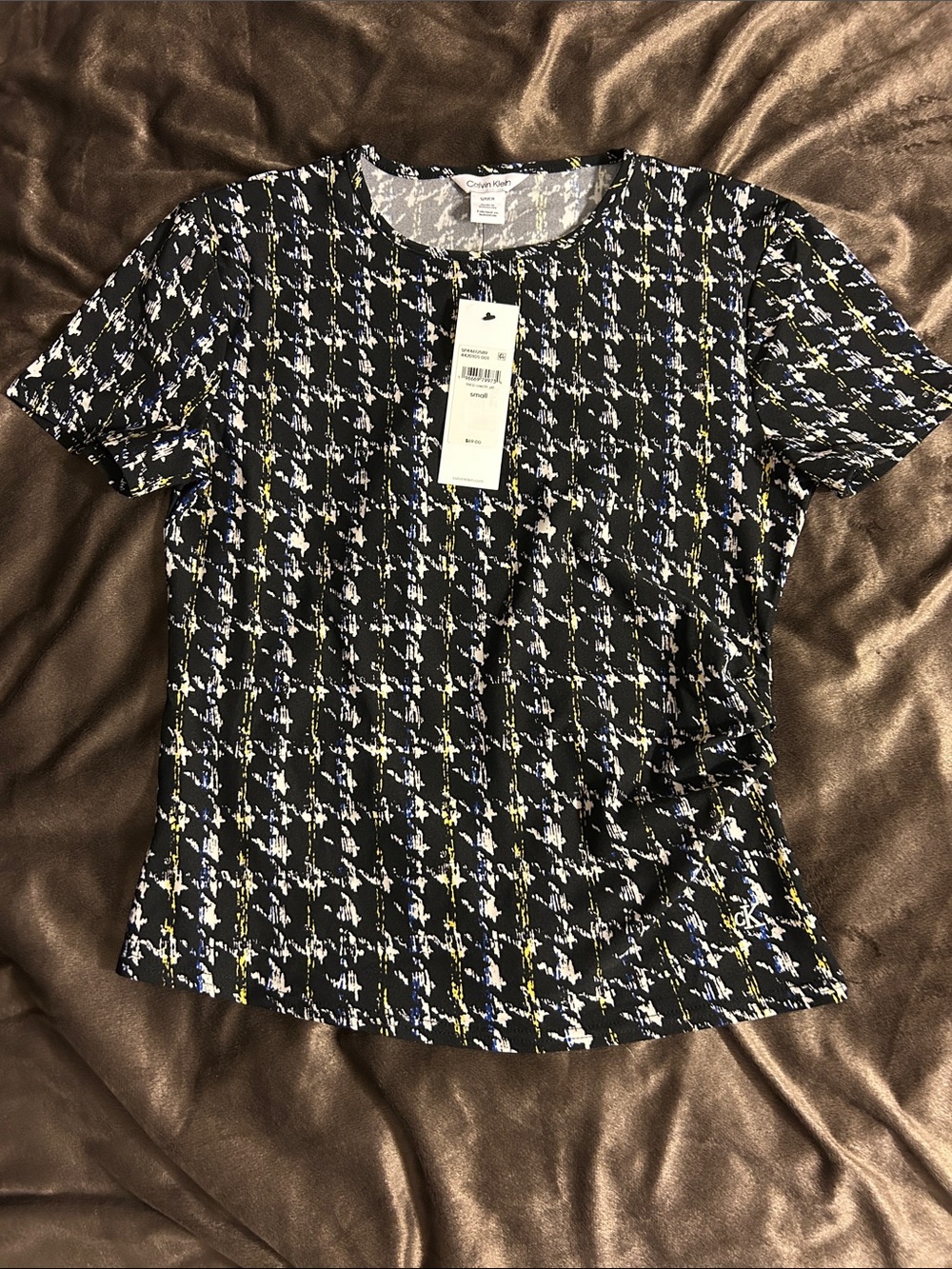 Calvin Klein Houndstooth Short Sleeve Tee with White & Yellow Accents